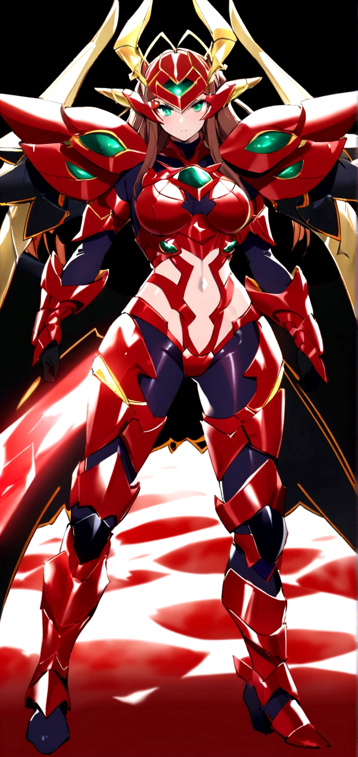 Design a futuristic and demonic armor with a shiny finish and deep red color. Armor must have emerald green details, especially in the chest and extremities, that stand out like high-tech lights. It incorporates black and pointed wings to give it an imposing appearance. The helmet should have golden horns and a sharp design. Armor must cover the body completely, with plates that fit perfectly to an athletic and powerful figure, highlighting angular and stylized details. Adds a red energy effect around the armor for an extra touch of supernatural power. 1girl, brown_hair