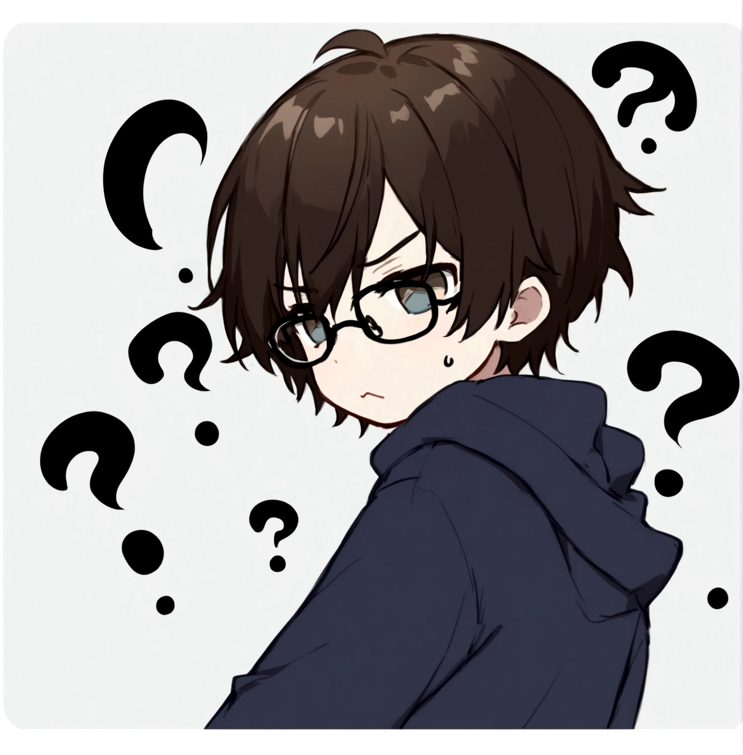 A handsome and cute young boy with a black hoodie and messy black hair wearing glasses looking back confused expression