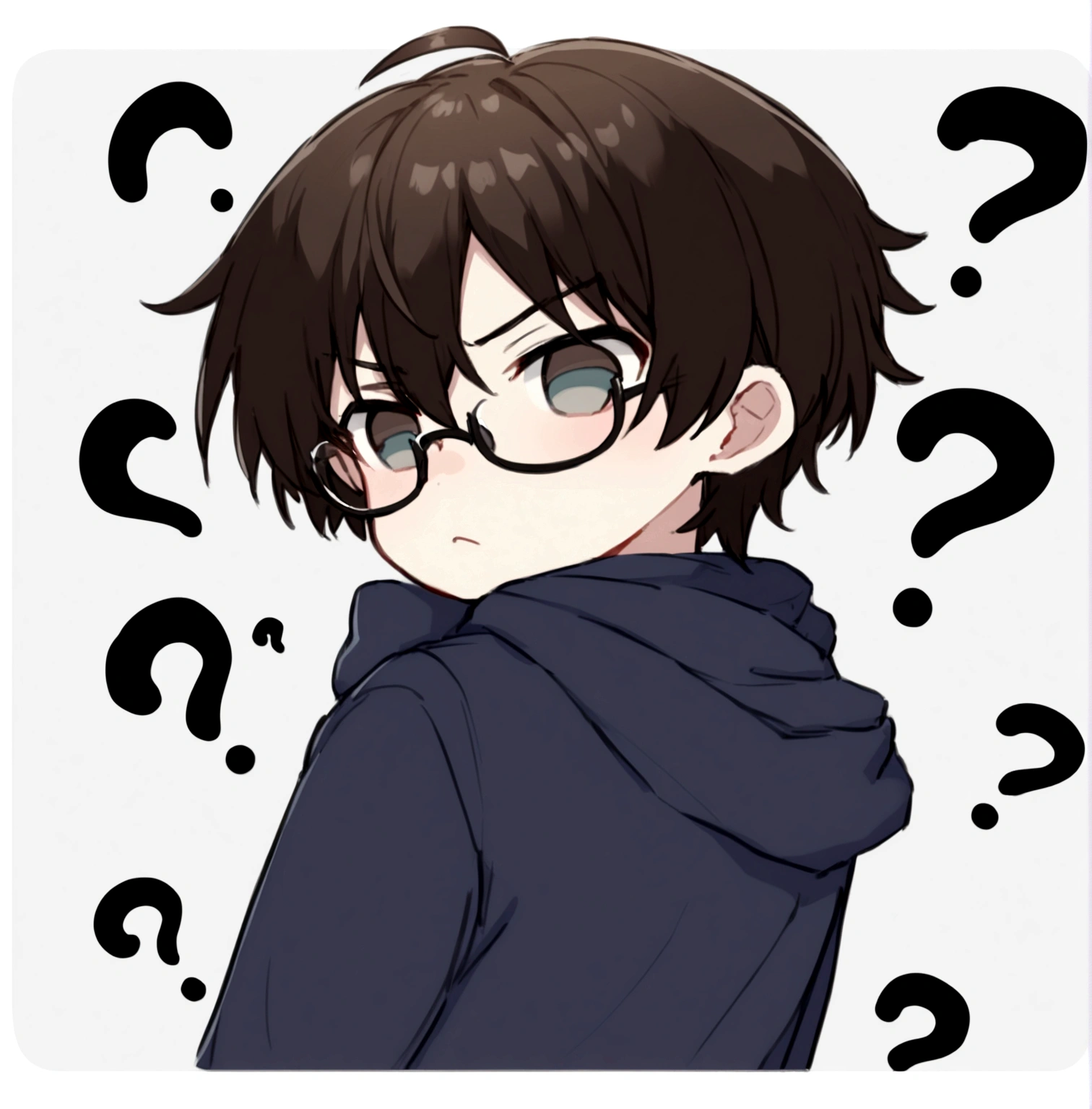 A handsome and cute young boy with a black hoodie and messy black hair wearing glasses looking back confused expression 