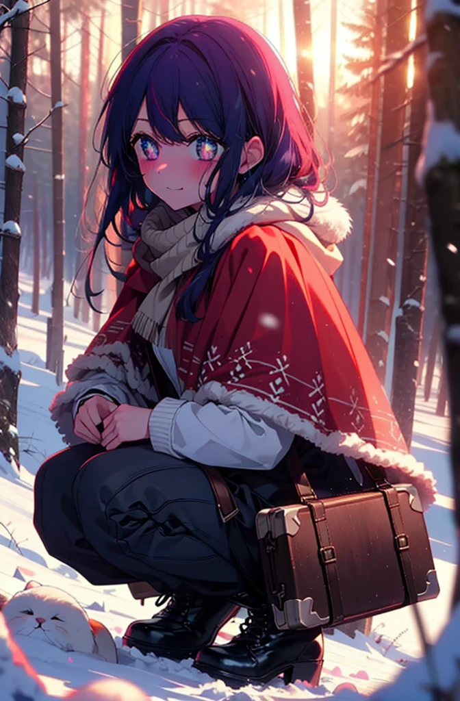 aihoshino, Ai Hoshino, Long Hair, bangs, (Purple eyes:1.1), Purple Hair, (Symbol-shaped pupil:1.5), smile,,smile,blush,White Breath,
Open your mouth,snow,Ground bonfire, Outdoor, boots, snowing, From the side, wood, suitcase, Cape, Blurred, , forest, White handbag, nature,  Squat, Mouth closed, Cape, winter, Written boundary depth, Black shoes, red Cape break looking at viewer, Upper Body, whole body, break Outdoor, forest, nature, break (masterpiece:1.2), Highest quality, High resolution, unity 8k wallpaper, (shape:0.8), (Beautiful and beautiful eyes:1.6), Highly detailed face, Perfect lighting, Highly detailed CG, (Perfect hands, Perfect Anatomy),