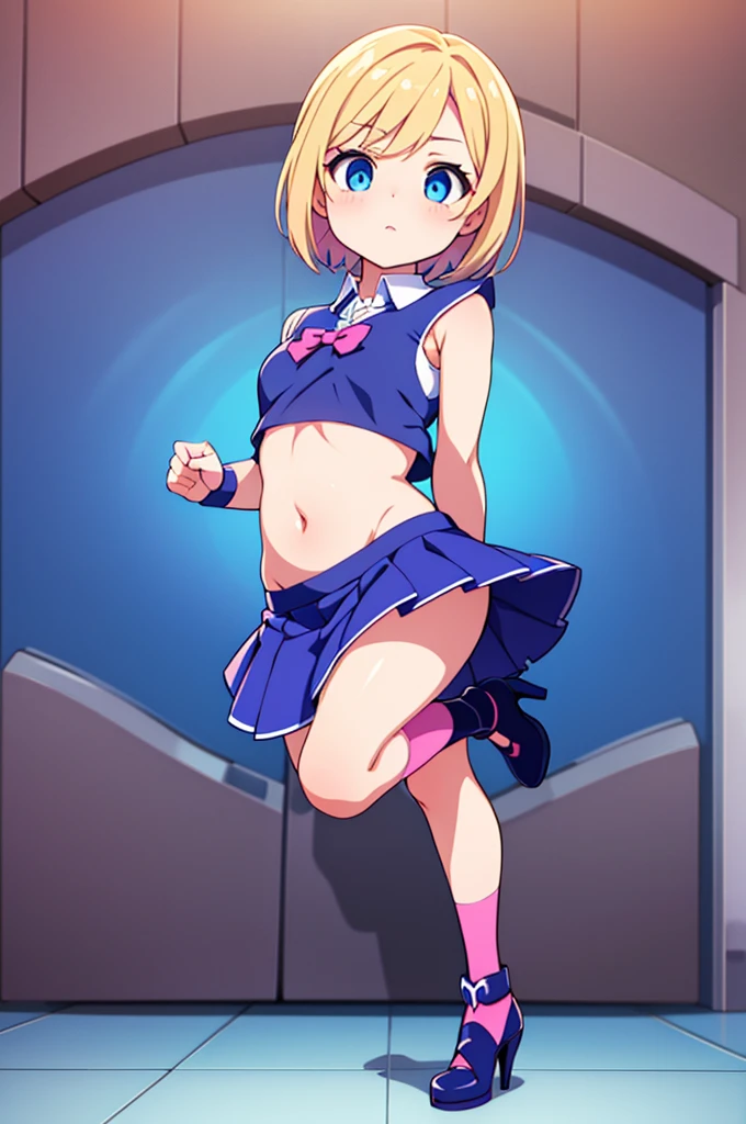 tomboyish magical girl, short blond hair styled in a boyish style, blue eyes, wearing a top that exposes her belly a short skirt and heels with thigh high socks all in a magical girl style, looking embaresed at the viewer while trying to hold her skirt down