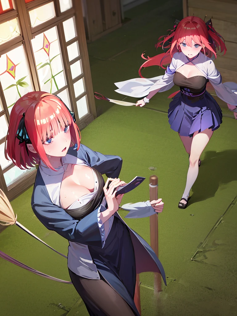 short hair, bangs, blue eyes, hair ornaments, Hair Ribbon, Pink Hair, blunt bangs, Both sides up, butterfly hair ornaments, skirt, No sleeve、、Random color see-through kunoichi costume、Japanese see-through female samurai costume、See-through female ninja costume,, Open clothes, Collared dress emphasizes cleavage、胸の谷間のSweat is noticeable、Professional lighting light reflection、 looking at viewer, (masterpiece:1.2), Highest quality, High resolution, unity 8k wallpaper, (figure:0.8), (Beautiful fine details:1.6), Highly detailed face, Perfect lighting, Highly detailed CG, (Perfect hands, Perfect Anatomy),heavy rain、heavy rainで全身びしょ濡れ、heavy rainで全身びしょ濡れの服、High heels、 ((Perfect handsの形))、(Perfect foot shape、Embarrassed expression blushing、、Gestures to seduce a man、Obscene pose、Shining Sweat、Perfect Skin,Sweat is noticeable、太もものSweat is noticeable、、 Fair skin,Tight waist, Sweating profusely、Sweaty hair、Sweaty clothes、Sweaty、Visible sweat、rain-wet hair、The finest stained glass、Vast Western Churches