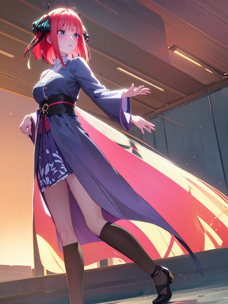 short hair, bangs, blue eyes, hair ornaments, Hair Ribbon, Pink Hair, blunt bangs, Both sides up, butterfly hair ornaments, skirt, No sleeve、、Random color see-through kunoichi costume、Japanese see-through female samurai costume、See-through female ninja costume,, Open clothes, Collared dress emphasizes cleavage、胸の谷間のSweat is noticeable、Professional lighting light reflection、 looking at viewer, (masterpiece:1.2), Highest quality, High resolution, unity 8k wallpaper, (figure:0.8), (Beautiful fine details:1.6), Highly detailed face, Perfect lighting, Highly detailed CG, (Perfect hands, Perfect Anatomy),heavy rain、heavy rainで全身びしょ濡れ、heavy rainで全身びしょ濡れの服、High heels、 ((Perfect handsの形))、(Perfect foot shape、Embarrassed expression blushing、、Gestures to seduce a man、Obscene pose、Shining Sweat、Perfect Skin,Sweat is noticeable、太もものSweat is noticeable、、 Fair skin,Tight waist, Sweating profusely、Sweaty hair、Sweaty clothes、Sweaty、Visible sweat、rain-wet hair、The finest stained glass、Vast Western Churches