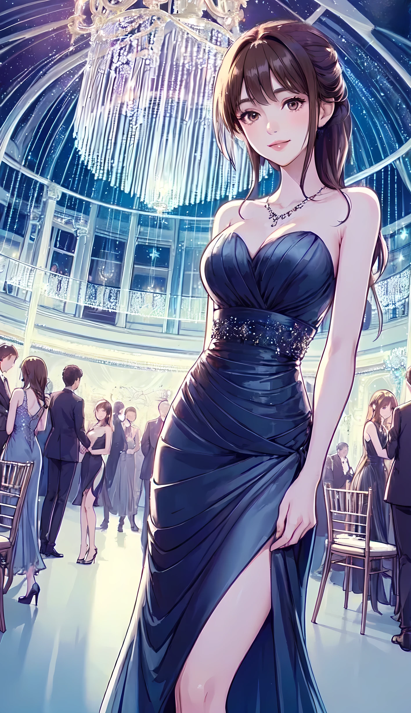 1lady solo, standing, (evening dress) stylish, long hem, (mature female:0.8), /(brown hair/) bangs, kind smile, (masterpiece best quality:1.2) delicate illustration ultra-detailed, large breasts BREAK (luxury  venue) indoors, chandelier, detailed background