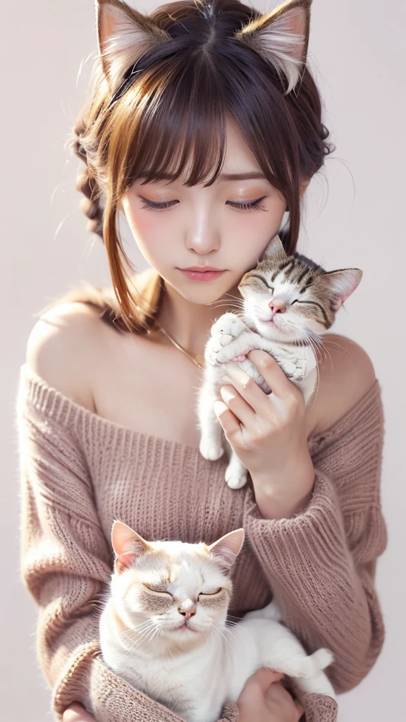 masterpiece, 4K, Bokeh, (cute:1.5), (beautiful girl:1.3), (Japanese Idols:1.6), (Cat ear:1.3) , (sweater:1.3),  (I like cats:1.6), Blushed,  (Holding a sleeping white cat:1.5), (Kiss the cat:1.3), (White Background :1.4), 