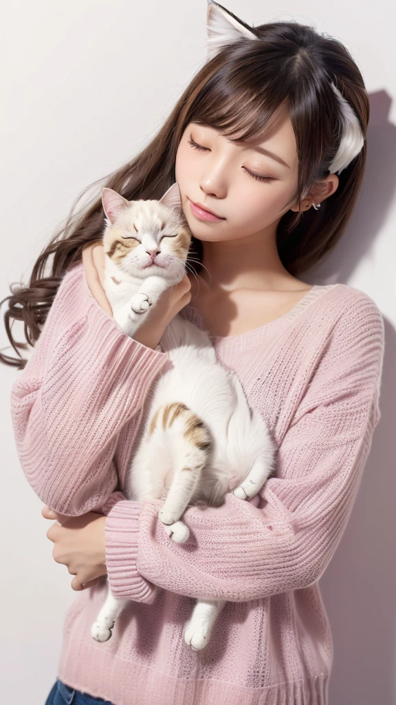masterpiece, 4K, Bokeh, (cute:1.5), (beautiful girl:1.3), (Japanese Idols:1.6), (Cat ear:1.3) , (sweater:1.3),  (I like cats:1.6), Blushed,  (Holding a sleeping white cat:1.5), (Kiss the cat:1.3), (White Background :1.4), 