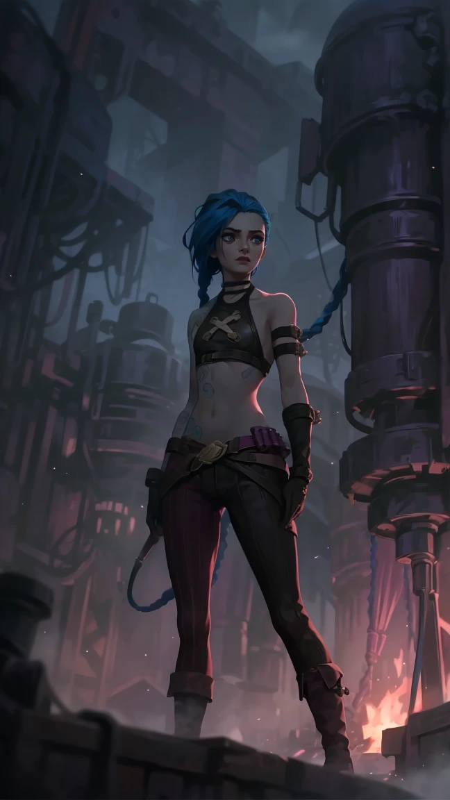 very sexy, crazy look, длинные синие hair заплетены в косы, full length (full body 1.1.), tight leather pants, Jinx's character design, stands on the edge of the roof, fantasy city, night, explosions, fire, Sparks, Purple Flashes, beautiful figure, Arcane Curse, Bright blue and purple Sparks all around, burning eyes, Pink Shiny eyes, длинные hair, hair, braided in long braids, Pigtails hang below the knee, Hair color changes from bright blue to navy blue., leather boots on the feet, Top with four gold circles on the chest in the middle of the chest., Blue cloud tattoo on shoulders and waist., long bangs, hanging on the right side, чрезвычайно подробные обои CG Unity 8k, detailed light, Cinematic lighting, Chromatic aberration, sparkling, inexpressive, epic composition, dark in the background, Chereter Design, very detailed, detailed body, Vibrating, detailed face, sharp focus, Anime art, Vibrating, detailed face, Hugh Details, sharp focus, Detailed eye, Super lovely illustration, best shadow, finely detail, beautiful detailed glow, beautiful detailed, extremely detailed, inexpressive, epic composition,