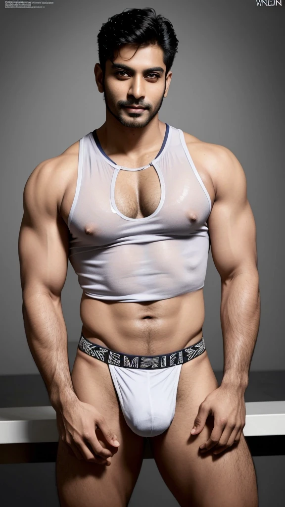A sexy indian man in a , singlet,he is extremely handsome, virile,sexy, charismatic personality, gorgeous face, stylish hair, he is posing for a magazine, charming expression, ultra HD 16k resolution, homoerotic, perfect, masterpiece ,