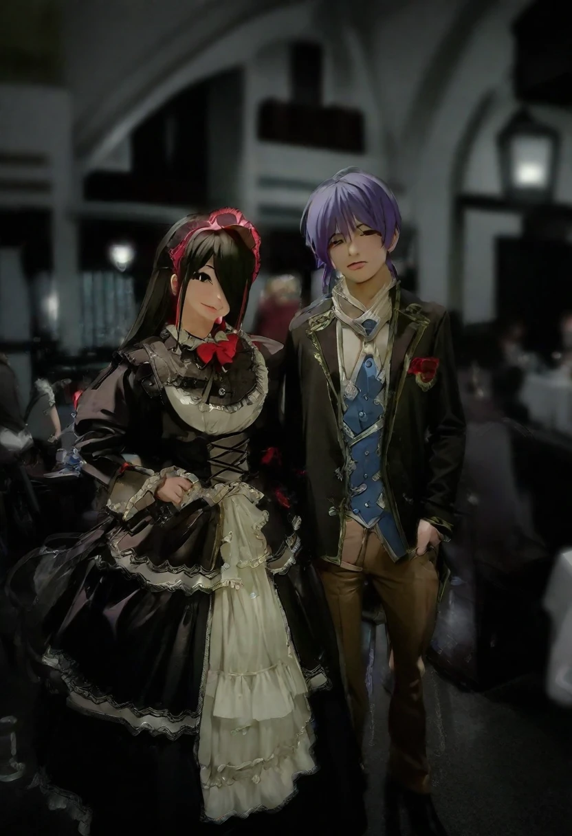  of a man and a woman dressed in costumes, anime cosplay, cosplay photo, cosplay, cosplay of a catboy! maid! dress, cosplayer, japanese gothic, both wearing victorian clothes, full-cosplay, anime convention, hot topic anime convention, victorian gothic lolita fashion, professional cosplay, loli, japanese maid cafe, animesque, date a live shido and tokisaki kurumi 