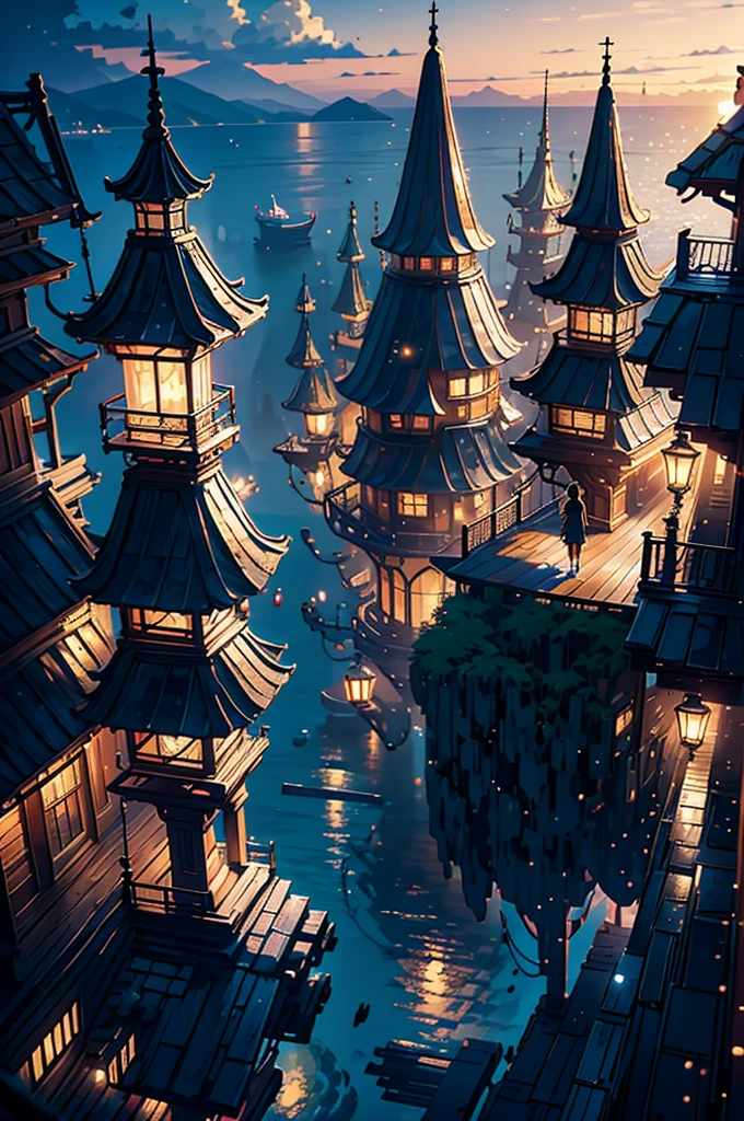 a painting of a old wooden vintage stairs a anime sea side night, anime background art, Cozy balcony background, The beauty of moonlight, The seawater sparkles in the moonlight, anime background, Beautiful atmosphere, Beautiful atmosphere, anime scenery, beautiful anime scene, beautiful anime scenery, anime aesthetic, Beautifully detailed scenes, Overlooking the sea, Watching the sunset. anime, Landscape wallpaper aesthetics, Golden hour scene, anime vibes, Ultra HD, 4k wallpaper