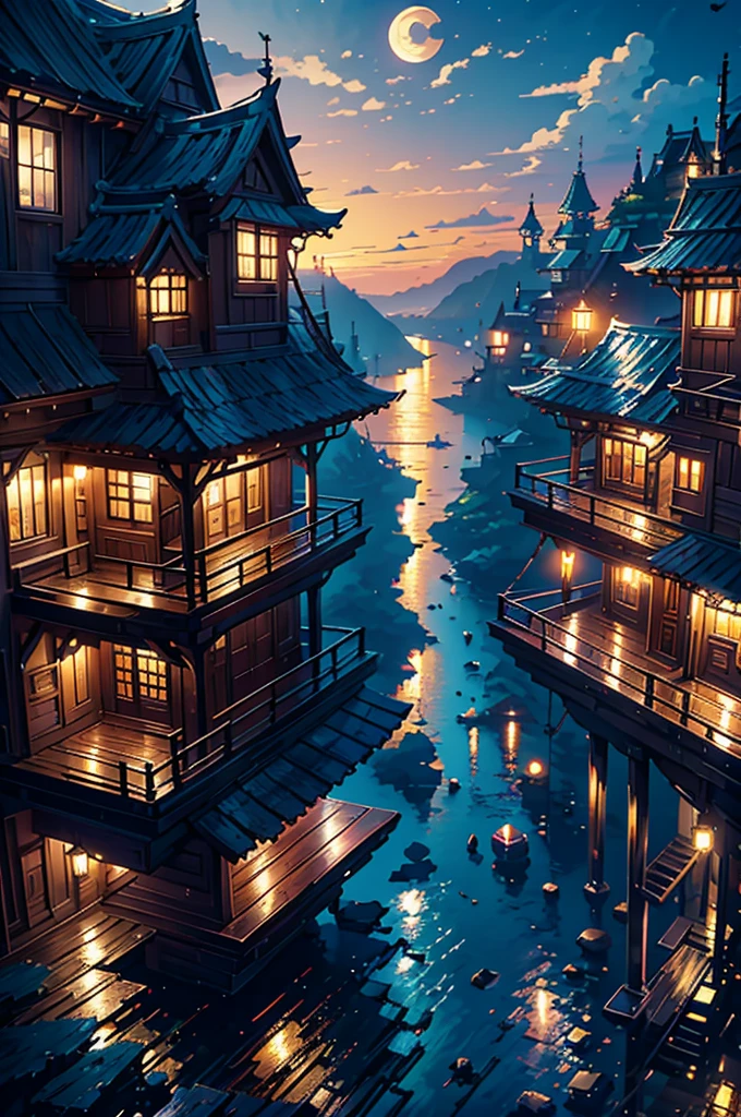 a painting of a old wooden vintage stairs a anime sea side night, anime background art, Cozy balcony background, The beauty of moonlight, The seawater sparkles in the moonlight, anime background, Beautiful atmosphere, Beautiful atmosphere, anime scenery, beautiful anime scene, beautiful anime scenery, anime aesthetic, Beautifully detailed scenes, Overlooking the sea, Watching the sunset. anime, Landscape wallpaper aesthetics, Golden hour scene, anime vibes, Ultra HD, 4k wallpaper