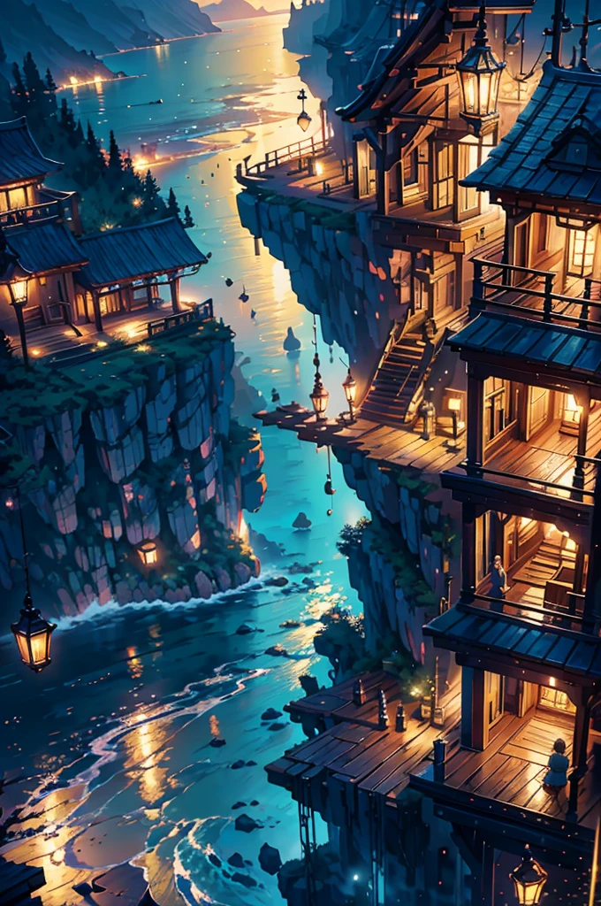 a painting of a old wooden vintage stairs a anime sea side night, anime background art, Cozy balcony background, The beauty of moonlight, The seawater sparkles in the moonlight, anime background, Beautiful atmosphere, Beautiful atmosphere, anime scenery, beautiful anime scene, beautiful anime scenery, anime aesthetic, Beautifully detailed scenes, Overlooking the sea, Watching the sunset. anime, Landscape wallpaper aesthetics, Golden hour scene, anime vibes, Ultra HD, 4k wallpaper