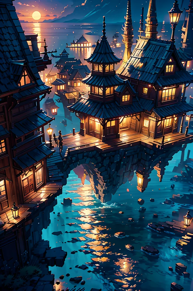 a painting of a old wooden vintage stairs a anime sea side night, anime background art, Cozy balcony background, The beauty of moonlight, The seawater sparkles in the moonlight, anime background, Beautiful atmosphere, Beautiful atmosphere, anime scenery, beautiful anime scene, beautiful anime scenery, anime aesthetic, Beautifully detailed scenes, Overlooking the sea, Watching the sunset. anime, Landscape wallpaper aesthetics, Golden hour scene, anime vibes, Ultra HD, 4k wallpaper