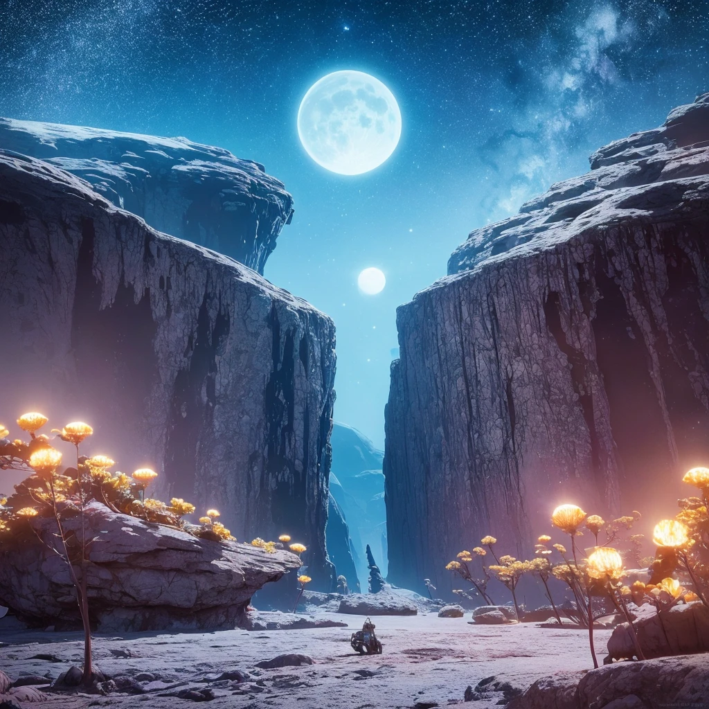 the surface of an alien planet where the laws of physics and nature as we know them are redefined. The sky is a tapestry of vibrant colors, with two moons that loom large on the horizon. Bioluminescent plants cast an ethereal glow over the landscape, lighting up a futuristic alien city, intricate details, surreal, cinematographic, 64k