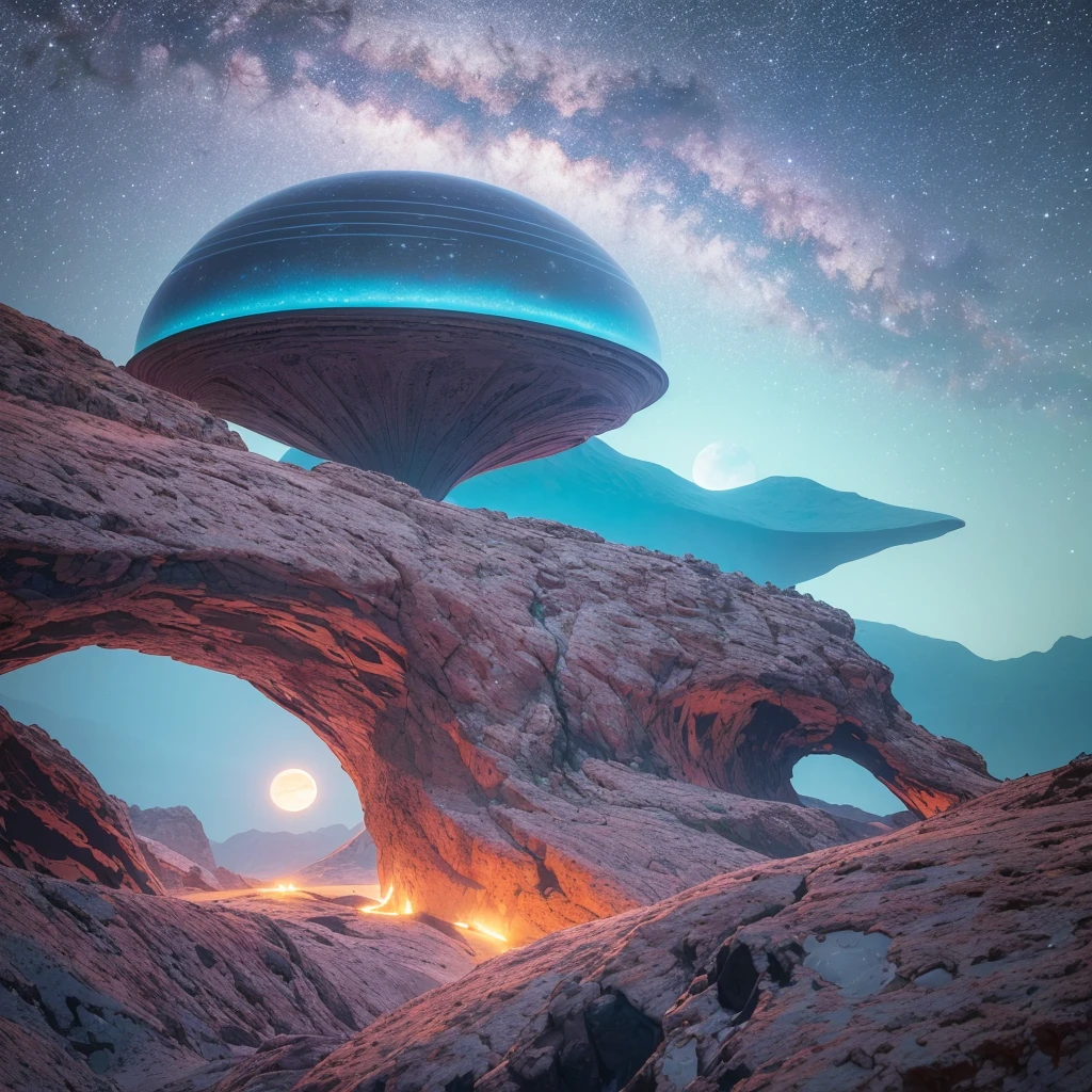 the surface of an alien planet where the laws of physics and nature as we know them are redefined. The sky is a tapestry of vibrant colors, with two moons that loom large on the horizon. Bioluminescent plants cast an ethereal glow over the landscape, lighting up a futuristic alien city, intricate details, surreal, cinematographic, 64k