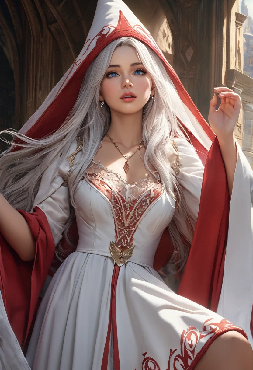 (best quality,4k,8k,highres,masterpiece:1.2), ultra-detailed, (realistic,photorealistic,photo-realistic:1.37),((Highly detailed CG Unity 8k wallpaper)), masterpiece, Super detailed, floating, High resolution, Sexually suggestive, (small, Extremely long white hair, Princess, White Mage, blue eyes, (It has long, wide sleeves and intricate embroidery. A gorgeous layered long dress in white and red with a sheer look), Bridal Veil, Circlet, Bridal Gauntlet, Blushing, shy, arched back, Frilled petticoat, Glamorous corset,