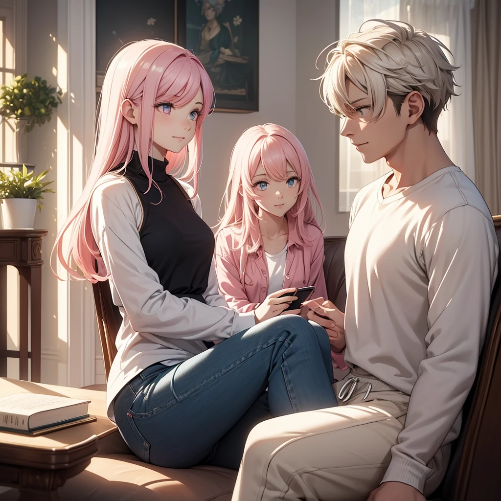 In a modern living room, bathed in sunlight streaming through open curtains, a young man and a young woman sit together on a comfortable sofa. The man has striking features: white hair, yellow eyes, and a slender build. He wears a crisp white shirt paired with white jogging pants, and holds a meticulously detailed smartphone, his expression warm and smiling. Across from him, the woman captivates with her long pink hair and matching pink eyes, dressed in a pink shirt and jeans. She is engrossed in a green book, her attention entirely absorbed.

The scene is a masterpiece of artistic detail, characterized by top-quality animation. Both characters possess expressive eyes, flawless faces, and hands with perfect anatomical detail, down to their fingers. The setting complements their modern aesthetic, with meticulously designed furnishings and decorations enhancing the modern ambiance of the room.