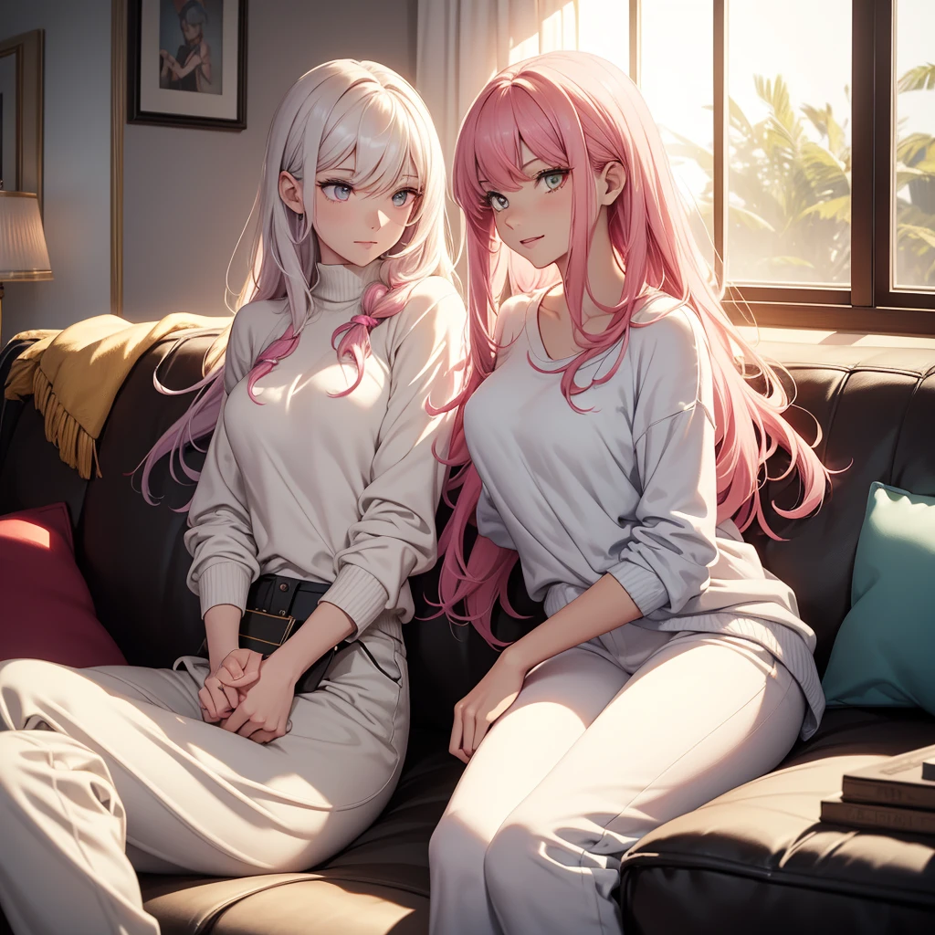 In a modern living room, bathed in sunlight streaming through open curtains, a young man and a young woman sit together on a comfortable sofa. The man has striking features: white hair, yellow eyes, and a slender build. He wears a crisp white shirt paired with white jogging pants, and holds a meticulously detailed smartphone, his expression warm and smiling. Across from him, the woman captivates with her long pink hair and matching pink eyes, dressed in a pink shirt and jeans. She is engrossed in a green book, her attention entirely absorbed.
The scene is a masterpiece of artistic detail, characterized by top-quality animation. Both characters possess expressive eyes, flawless faces, and hands with perfect anatomical detail, down to their fingers. The setting complements their modern aesthetic, with meticulously designed furnishings and decorations enhancing the modern ambiance of the room.