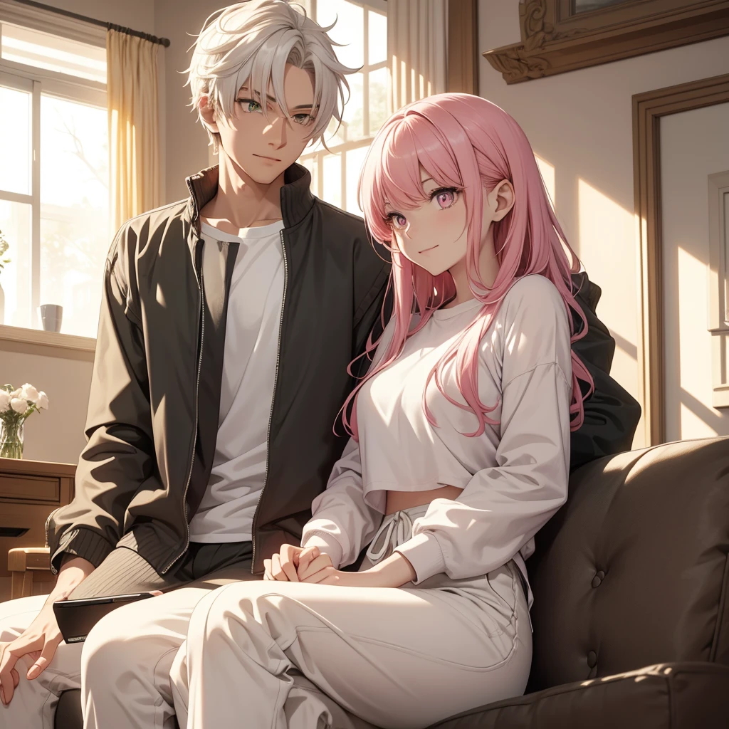In a modern living room, bathed in sunlight streaming through open curtains, a young man and a young woman sit together on a comfortable sofa. The man has striking features: white hair, yellow eyes, and a slender build. He wears a crisp white shirt paired with white jogging pants, and holds a meticulously detailed smartphone, his expression warm and smiling. Across from him, the woman captivates with her long pink hair and matching pink eyes, dressed in a pink shirt and jeans. She is engrossed in a green book, her attention entirely absorbed.
The scene is a masterpiece of artistic detail, characterized by top-quality animation. Both characters possess expressive eyes, flawless faces, and hands with perfect anatomical detail, down to their fingers. The setting complements their modern aesthetic, with meticulously designed furnishings and decorations enhancing the modern ambiance of the room.