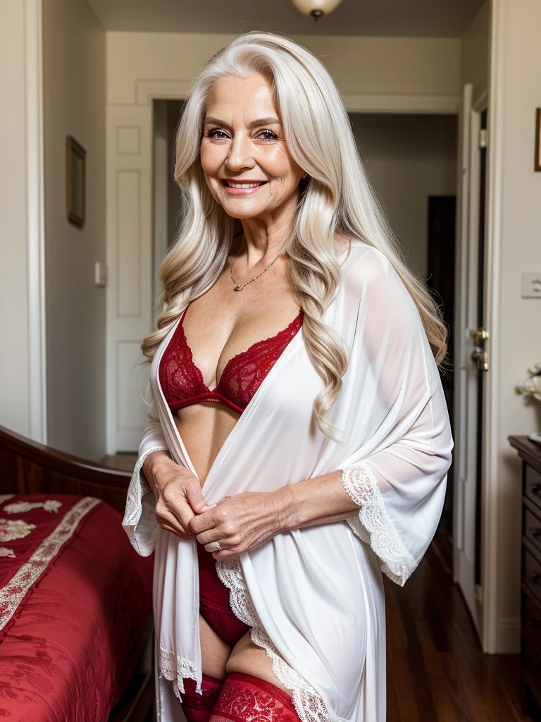Mature old woman 80 years with black long hair, plus size, old face and body with many wrinkles, smiling, loose skin, standing at bedroom posing for photo, She wearing white robe with red pattern with large neckline and lace black stockings side view. jaw dropping mature older beauty, old face and body with wrinkles, old face, attractive grandma, a gorgeous old hair, beautiful old grandma, lovely older mature grandma, gorgeous beautiful grandma over 80 years old, beautiful white long hair grandma, beautiful detailed body and face, a beautiful old granny
