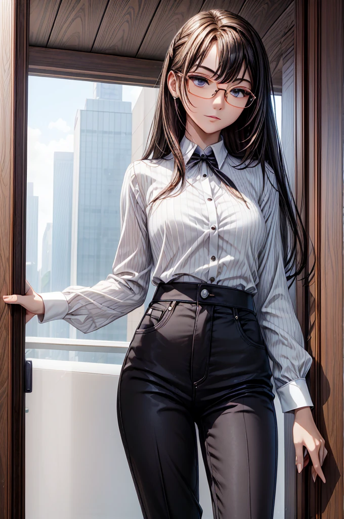 (masterpiece, best quality:1.2), detailed face, detailed eyes, elegant woman, long hair, high heeled,shiny skin,welcomes you at the door, Shirt, pants,random colar, ponitail hair,cool attitude,cool glasses,exciting,cool, perfect hand:1