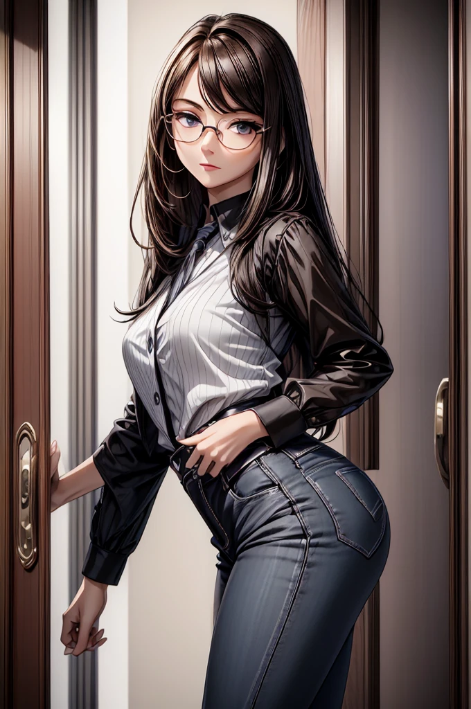 (masterpiece, best quality:1.2), detailed face, detailed eyes, elegant woman, long hair, high heeled,shiny skin,welcomes you at the door, Shirt, pants,random colar, ponitail hair,cool attitude,cool glasses,exciting,cool, perfect hand:1