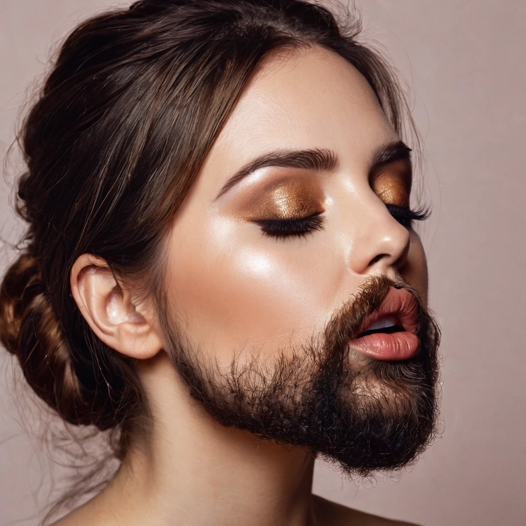 bearded bearded woman, brown hair, amber eyes, kisses the void with her mouth, eyes closed