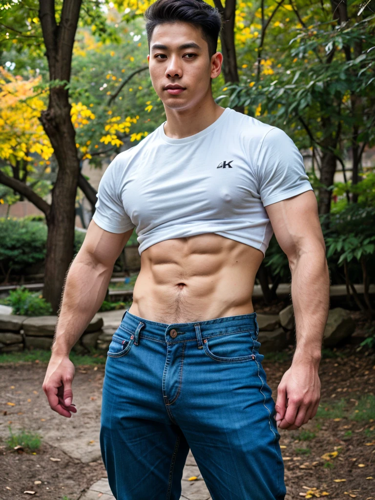 a young asian boy, 20 years old, wearing a shirt and pants, dynamic movement pose, big pecs, (best quality,4k,8k,highres,masterpiece:1.2),ultra-detailed,(realistic,photorealistic,photo-realistic:1.37),HDR,UHD,rim lighting,ultra-fine painting,sharp focus,physically-based rendering,extreme detail description,professional,soft colors,bokeh,portrait,photography