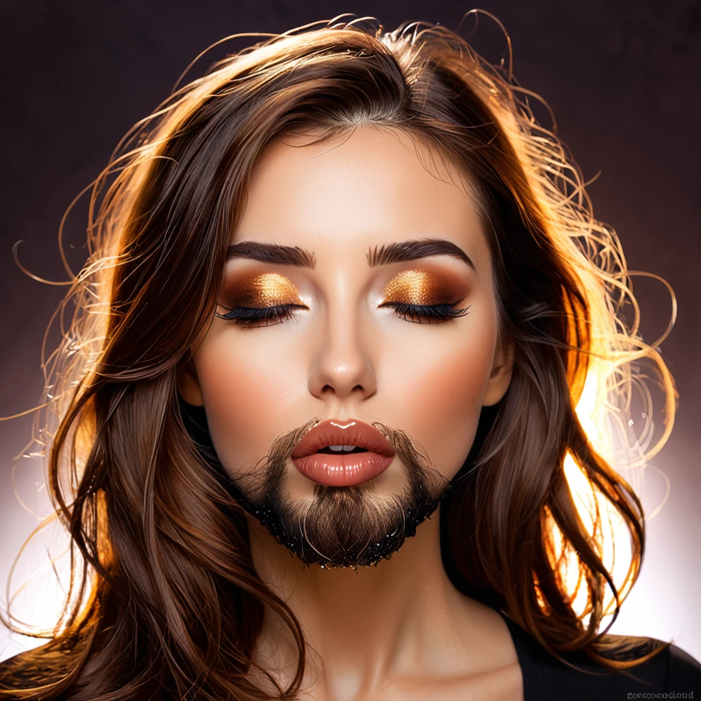 bearded bearded woman, brown hair, amber eyes, kisses the void with her mouth, eyes closed