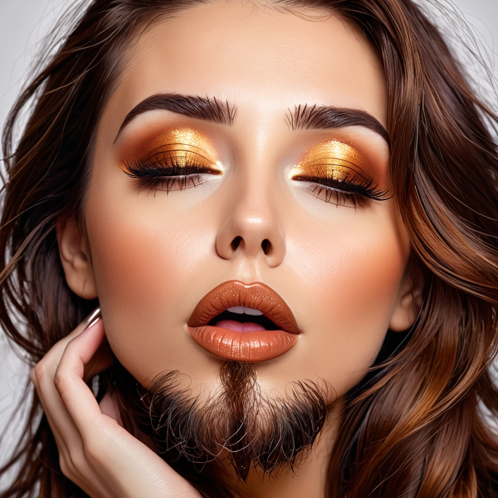 bearded bearded woman, brown hair, amber eyes, kisses the void with her mouth, eyes closed