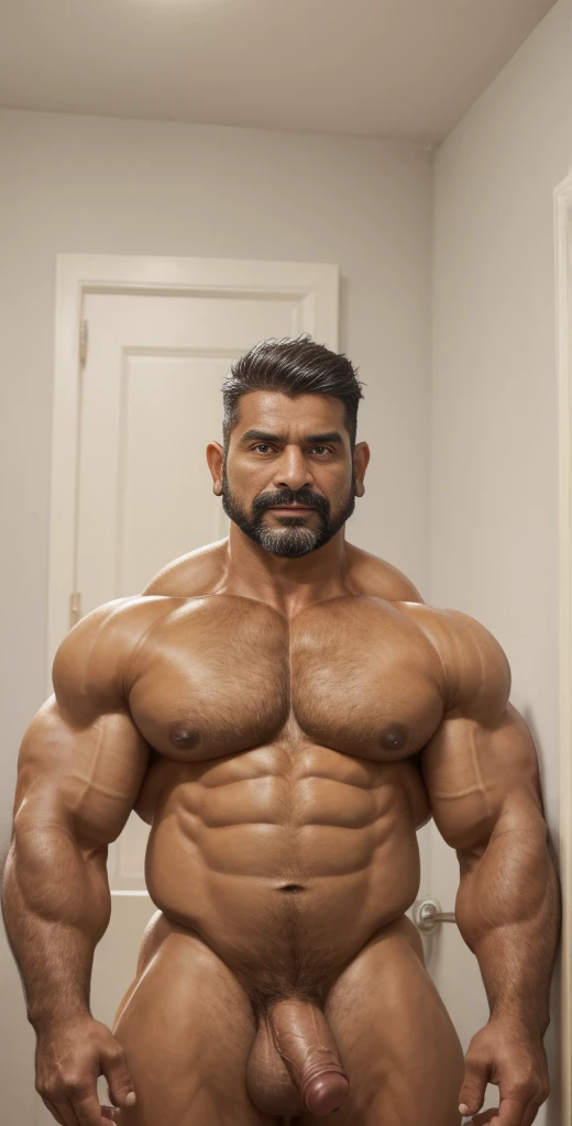 A handsome mature old Indian dad with a massive beard and no shirt standing in front of a door,baldy haircut, hyper muscular, pumped, roids, huge pecs, arms, biceps, shoulders, male focus, centered, tan skin, bodybuilder, meticulous muscle definition, detailed face, big sexual energy, (38 years old)