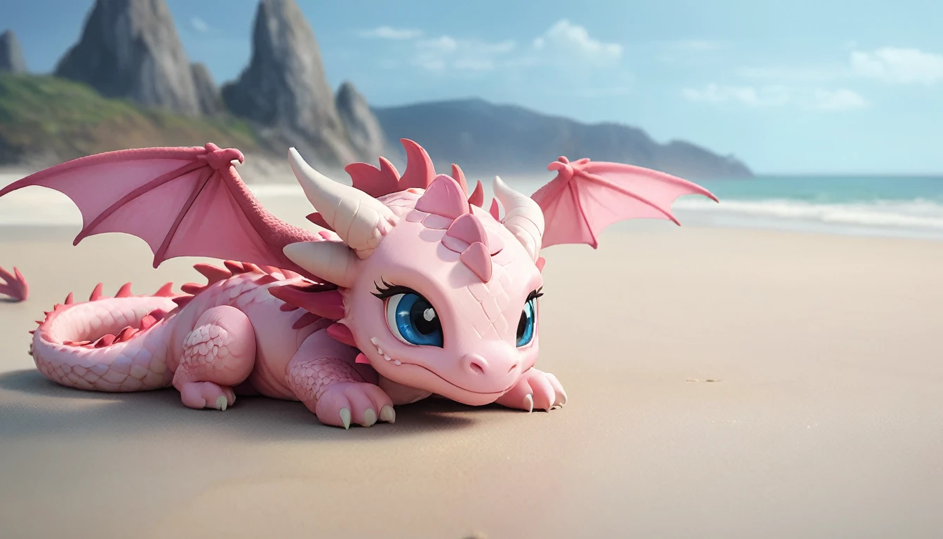 masterpiece,high quality,monster,solo,dragon ,(chibi:1.2),pink body,pink dragon,horns,wings,lying on the ground,injured,unhappy,looking forward,looking sideways,head focus,poor,seaside,beach,blue sky,landscape,(non-human:1.2),lying,frustrated_brow,annoyed,frustrated,on stomach,