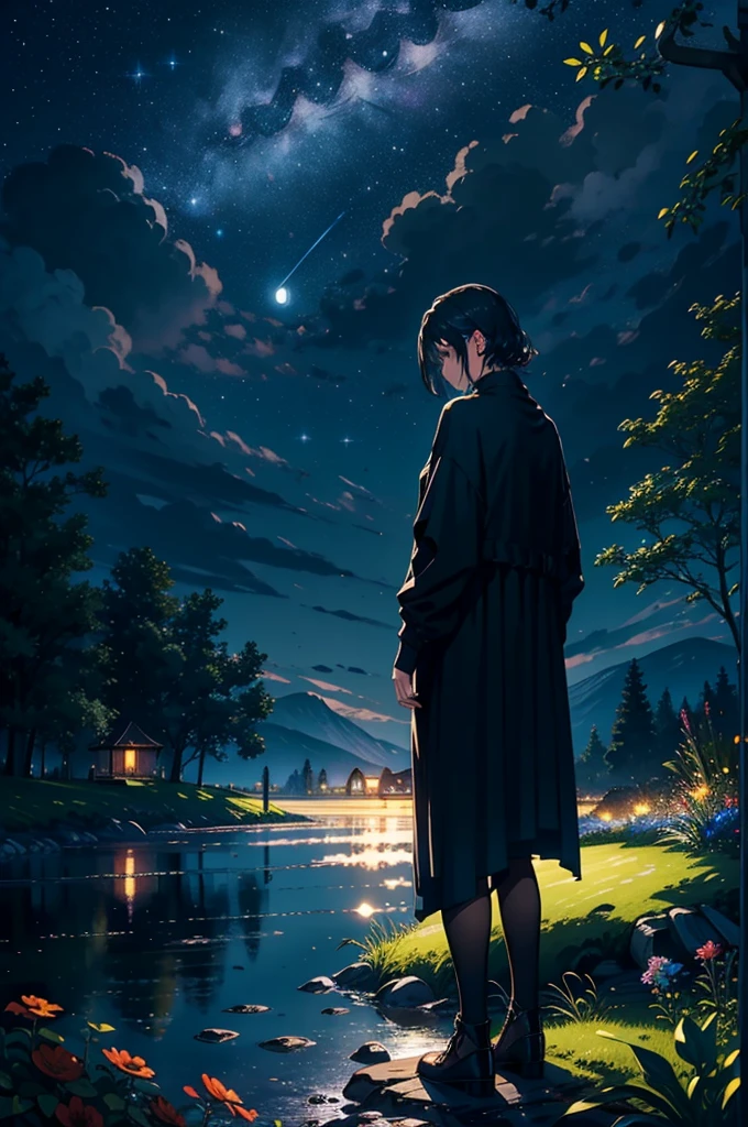 Master Parts, nice, landscape, (((no_human))), evening, flower, garden, Starry Sky, constellation,((full moon)) , wonderful, Overlooking, water, hot, comfortable, peaceful, meteor, universe, magic, magic, particle, fair, ((fire Fly))
