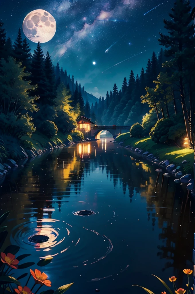 Master Parts, nice, landscape, (((no_human))), evening, flower, garden, Starry Sky, constellation,((full moon)) , wonderful, Overlooking, water, hot, comfortable, peaceful, meteor, universe, magic, magic, particle, fair, ((fire Fly))
