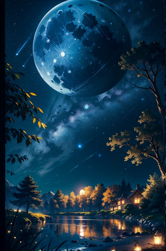Master Parts, nice, landscape, (((no_human))), evening, flower, garden, Starry Sky, constellation,((full moon)) , wonderful, Overlooking, water, hot, comfortable, peaceful, meteor, universe, magic, magic, particle, fair, ((fire Fly))