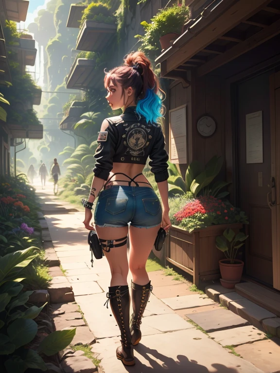 best quality, masterpiece, highly detailed, ultra-detailed, A front and back full body view of a female model in a punk-inspired outfit. The girl is depicted in a playful and vibrant manner, similar to the style shown in the reference image. She wears High-waisted shorts with a crop top, choker, and Doc Martens. Her hair is styled in edgy punk manner, and she has a friendly and approachable expression. The front view shows her standing confidently, while the back view highlights the details of her outfit and hairstyle. Focus on her hips. The overall design is clean and colorful.  fashion photography, best quality, award winning photograph, depth of field, sharp focus, vibrant colors, realistic lighting, detailed shadows, 8k, smooth, sharp focus, trending on artstation, digital painting, by Stanley Artgerm Lau, WLOP, Rossdraws, James Jean, Andrei Riabovitchev, Marc Simonetti, and Sakimichan,
solarpunk, scenery, tree, outdoors, day, buildings, hi-tech, trees, plants, flowers, grass
