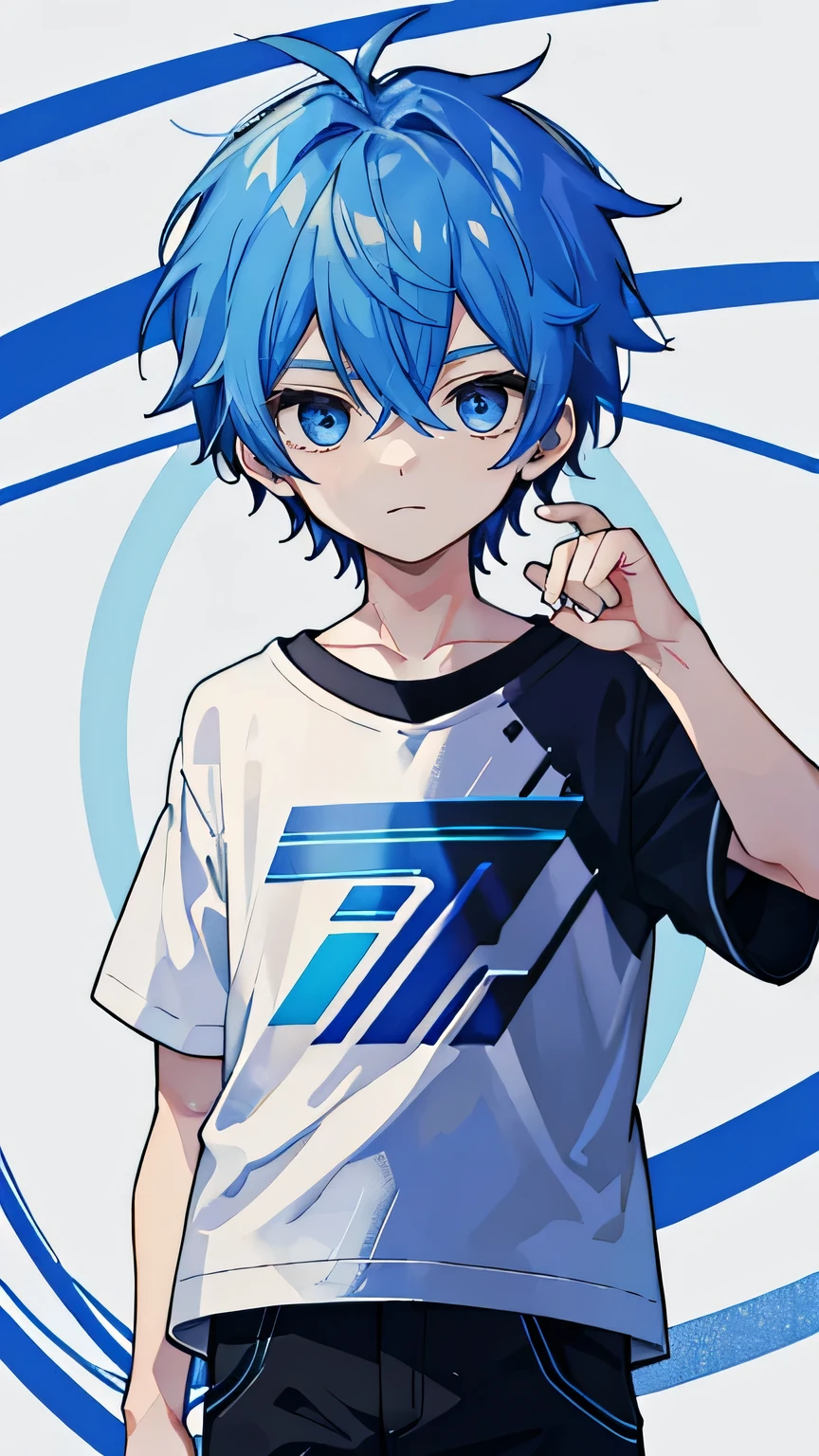 1 boy, blue hair, blue eyes, whole body, black short sleeve tee, white outerwear, University Background