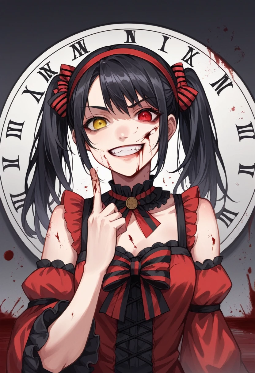 score_9, score_8_up, score_7_up, source_anime, 1girl, finger gun to head, upper body, KurumiBase, clock eyes, red eye, yellow eye, heterochromia, black hair, twintails, hairband, red dress, striped bow, frills, detached sleeves, frilled choker, evil grin, laughing, blood on face, blood, blood on clothes, sound effects, bam, splashing, colors, IncrsXLBrknGls, broken glass, reflection, realistic, wallpaper hd, 
