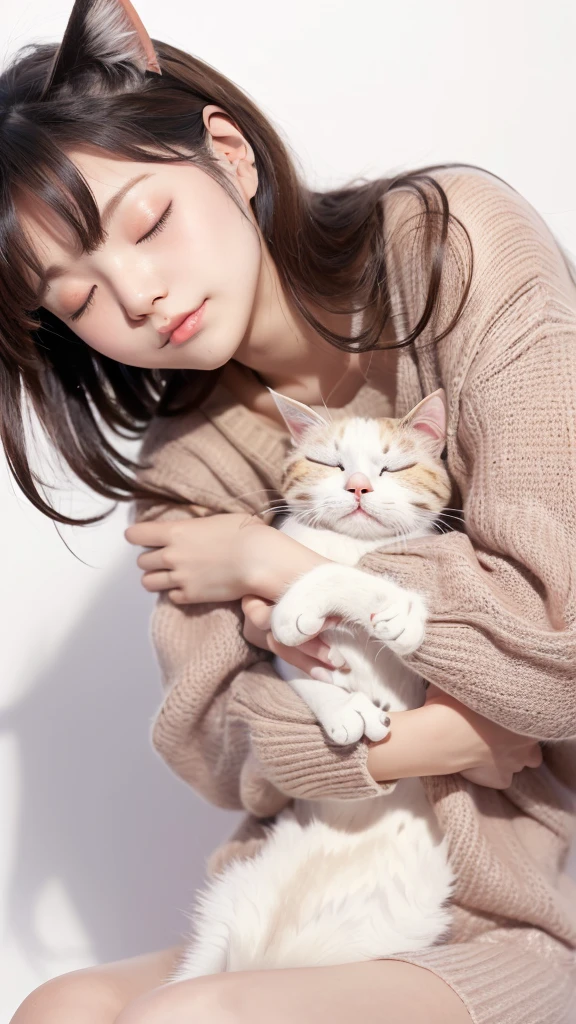 masterpiece, 4K, Bokeh, (cute:1.5), (beautiful girl:1.3), (Japanese Idols:1.6), (Cat ear:1.3) , (sweater:1.3), (I like cats:1.6), Blushed, (Holding a sleeping white cat:1.5), (Kiss the cat:1.3), (White Background :1.4),