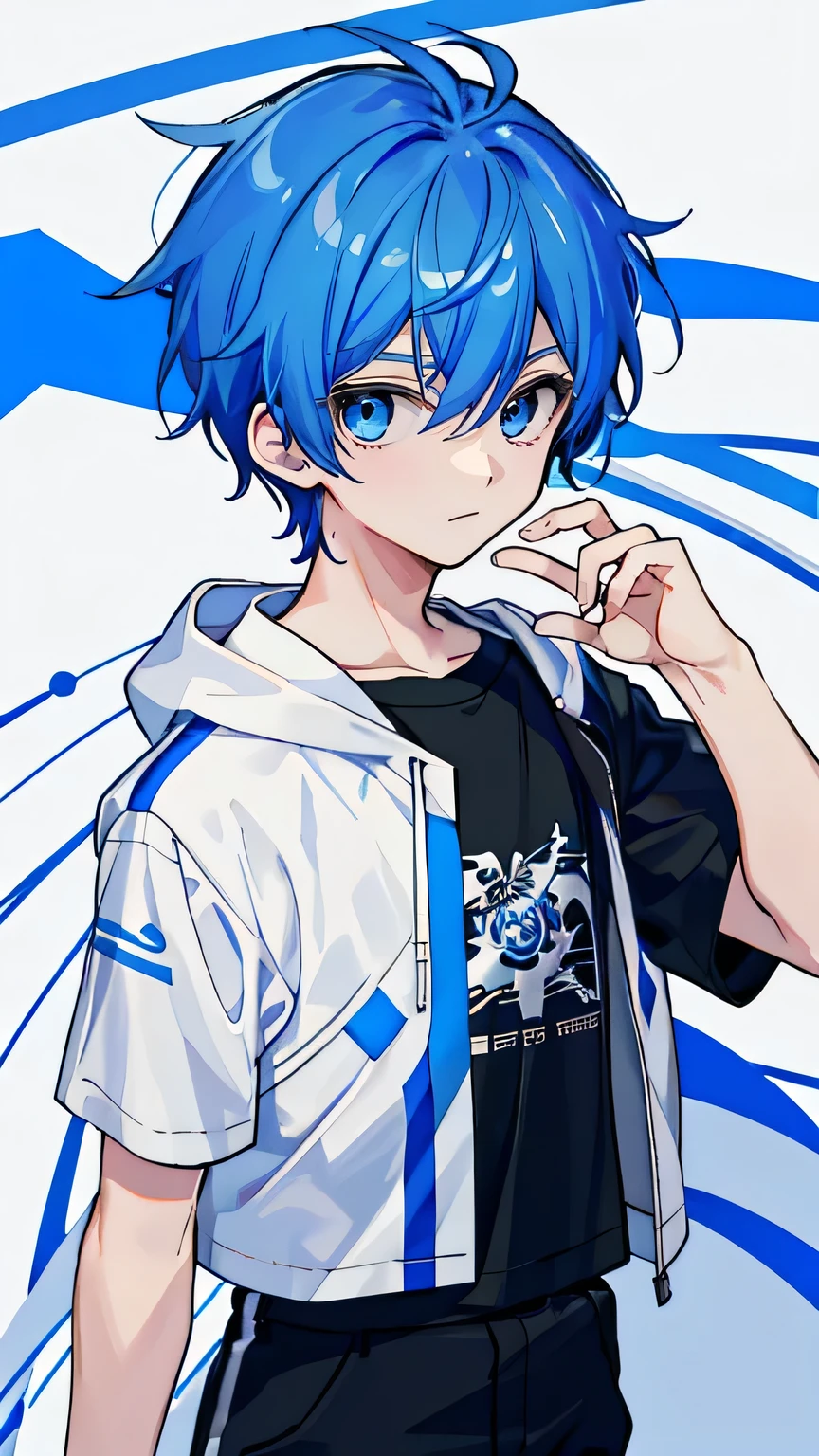 1 boy, blue hair, blue eyes, whole body, black short sleeve tee, white outerwear, University Background