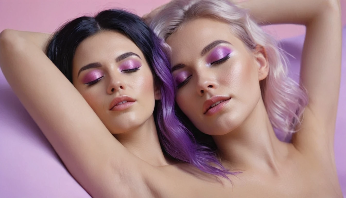 smartphone in hands, squirting naked blackhair woman with long hair laying on bed, she holds smartphone in her hands, open mouth, glowing with pink and purple colours, hair floating covering chest, wavy hair spread out, she is laying on her back, attractive neck, sensual woman, hands on face, laying on her back, pale skin curly blond hair, sensuality, fashion model face closed eyes, fashion model face, close up of a blonde woman, she is having orgasm, minimalistic, in a light purple and pink style, with soft edges and blurred details, in the toycore style, with a 3D render, on a colorful background, with a minimalist stage design, in a surreal style, with a cinema4D rendering, with a minimalist style, with low saturation, using gradient colors, with a cinema4D rendering, with a blender rendering, with super detail, at a super high resolution, at a super high definition