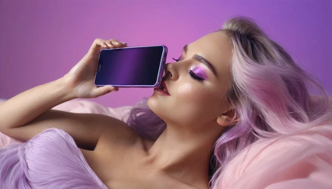 smartphone in hands, squirting naked blackhair woman with long hair laying on bed, she holds smartphone in her hands, open mouth, glowing with pink and purple colours, hair floating covering chest, wavy hair spread out, she is laying on her back, attractive neck, sensual woman, hands on face, laying on her back, pale skin curly blond hair, sensuality, fashion model face closed eyes, fashion model face, close up of a blonde woman, she is having orgasm, minimalistic, in a light purple and pink style, with soft edges and blurred details, in the toycore style, with a 3D render, on a colorful background, with a minimalist stage design, in a surreal style, with a cinema4D rendering, with a minimalist style, with low saturation, using gradient colors, with a cinema4D rendering, with a blender rendering, with super detail, at a super high resolution, at a super high definition
