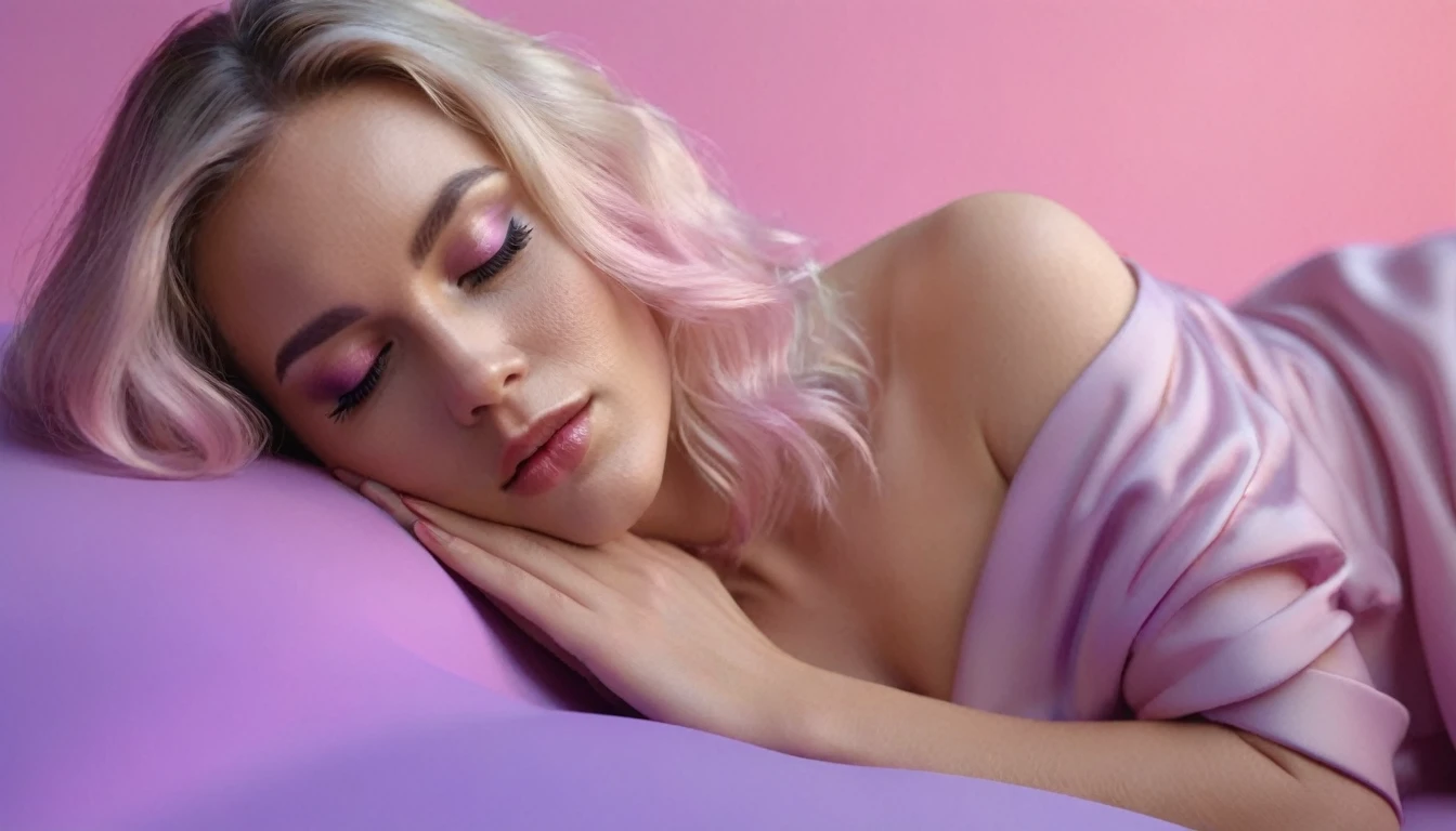 smartphone in hands, squirting naked blackhair woman with long hair laying on bed, she holds smartphone in her hands, open mouth, glowing with pink and purple colours, hair floating covering chest, wavy hair spread out, she is laying on her back, attractive neck, sensual woman, hands on face, laying on her back, pale skin curly blond hair, sensuality, fashion model face closed eyes, fashion model face, close up of a blonde woman, she is having orgasm, minimalistic, in a light purple and pink style, with soft edges and blurred details, in the toycore style, with a 3D render, on a colorful background, with a minimalist stage design, in a surreal style, with a cinema4D rendering, with a minimalist style, with low saturation, using gradient colors, with a cinema4D rendering, with a blender rendering, with super detail, at a super high resolution, at a super high definition