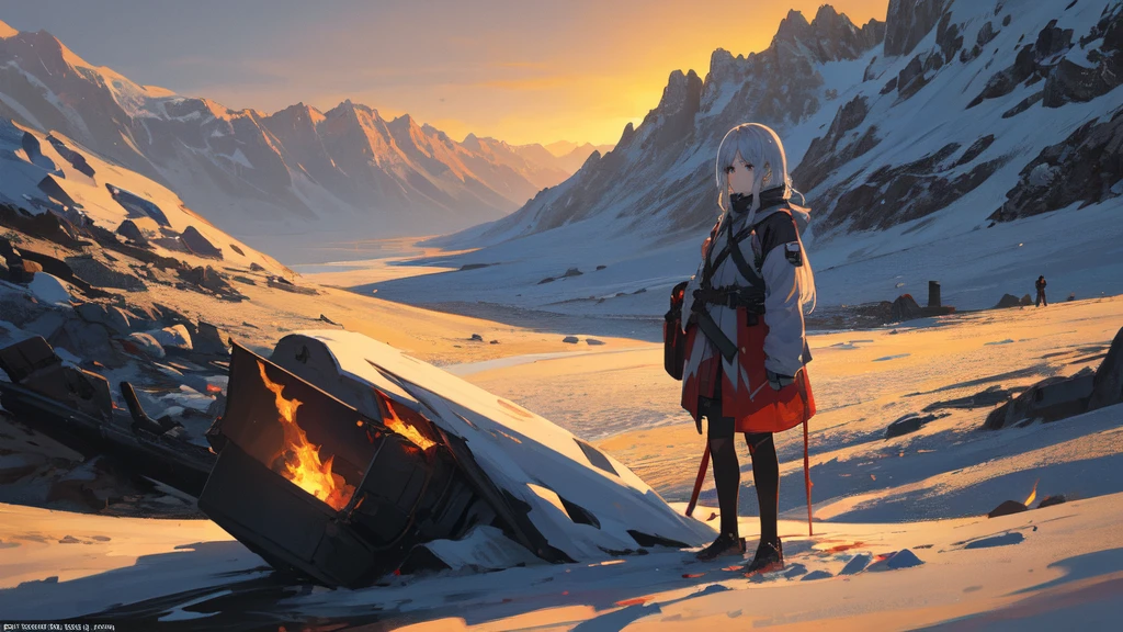masterpiece:1.2), best quality , 独奏 ,pixiv, anime girl ,long straight white hair , black eyes ,Wearing off-white camouflage uniform ,ten years old,battlefield,Standing in the snowy mountains,(Eyes looking into the distance:1.3),There is a flame burning beside you,(look away:1.5),snowy weather,The girl stands among the deserted snowy mountains,blood on forehead,dirty face,Background mixed with metal fragments:1.2,Backlight,Black lake in the background,Stand on a glacier,Bare rocky peaks , Scrap metal on the snow,The expression is sad