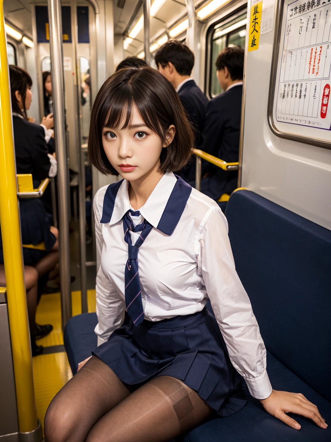 (Tabletop, Highest quality, Very detailed), One Girl, Purple eyes, Blonde, Dark Skin, short hair、Perm Hair、((Japanese School Uniform))、((pantyhose))、(in the train)、(mini skirt)、Black panties