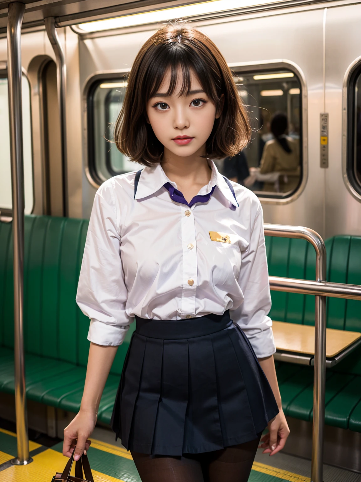 (Tabletop, Highest quality, Very detailed), One Girl, Purple eyes, Blonde, Dark Skin, short hair、Perm Hair、((Japanese School Uniform))、((pantyhose))、(in the train)、(mini skirt)、Black panties