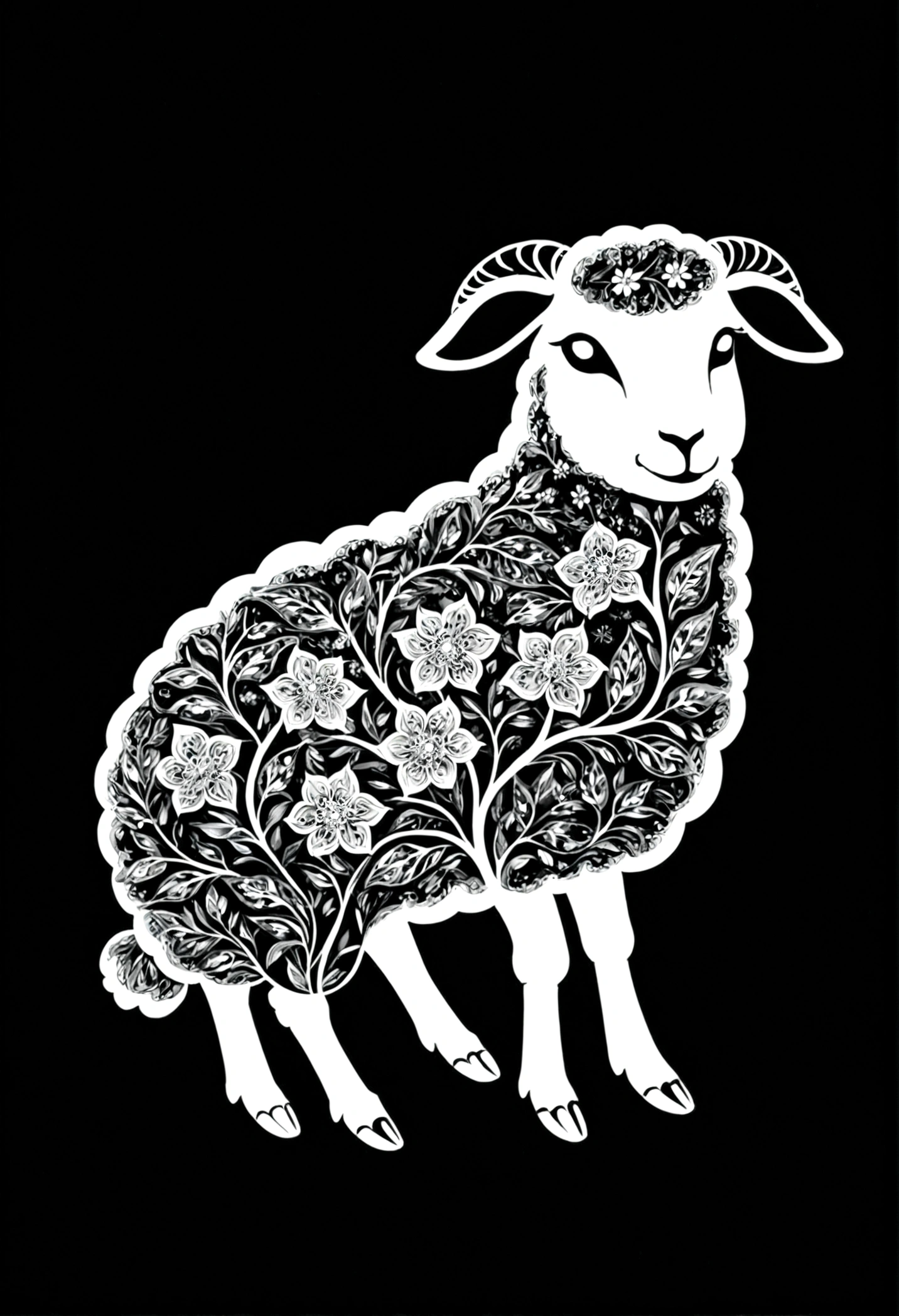 A sheep and a white silhouette design，Black Background，Beautiful silhouette，looking at the camera，Biologically correct
