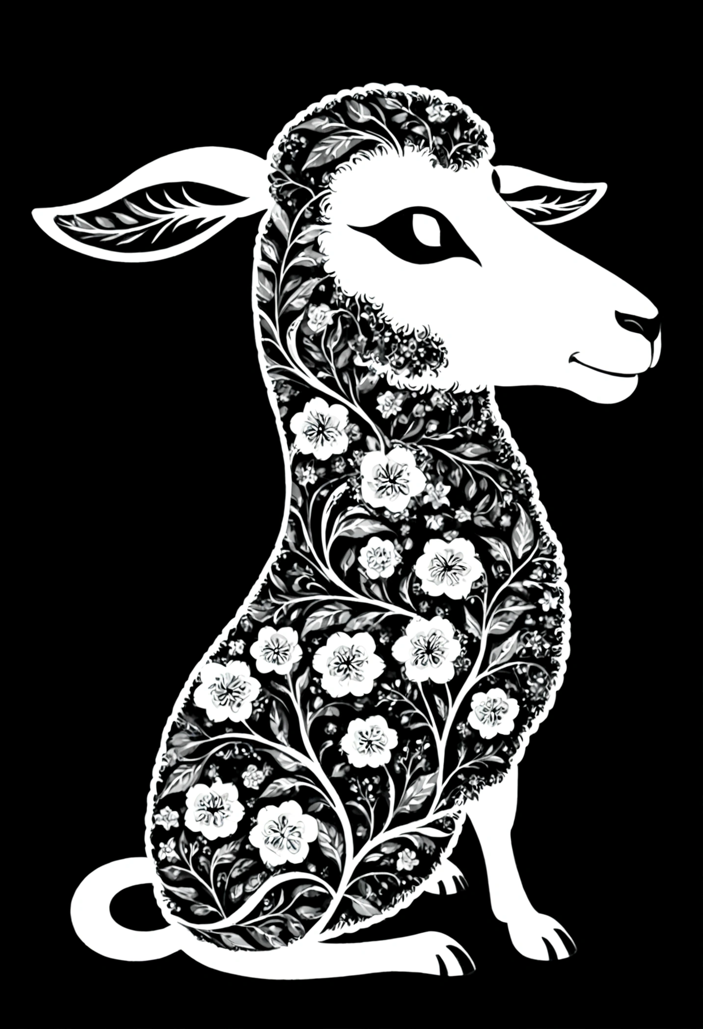 A sheep and a white silhouette design,Black Background,Beautiful silhouette,looking at the camera,Biologically correct