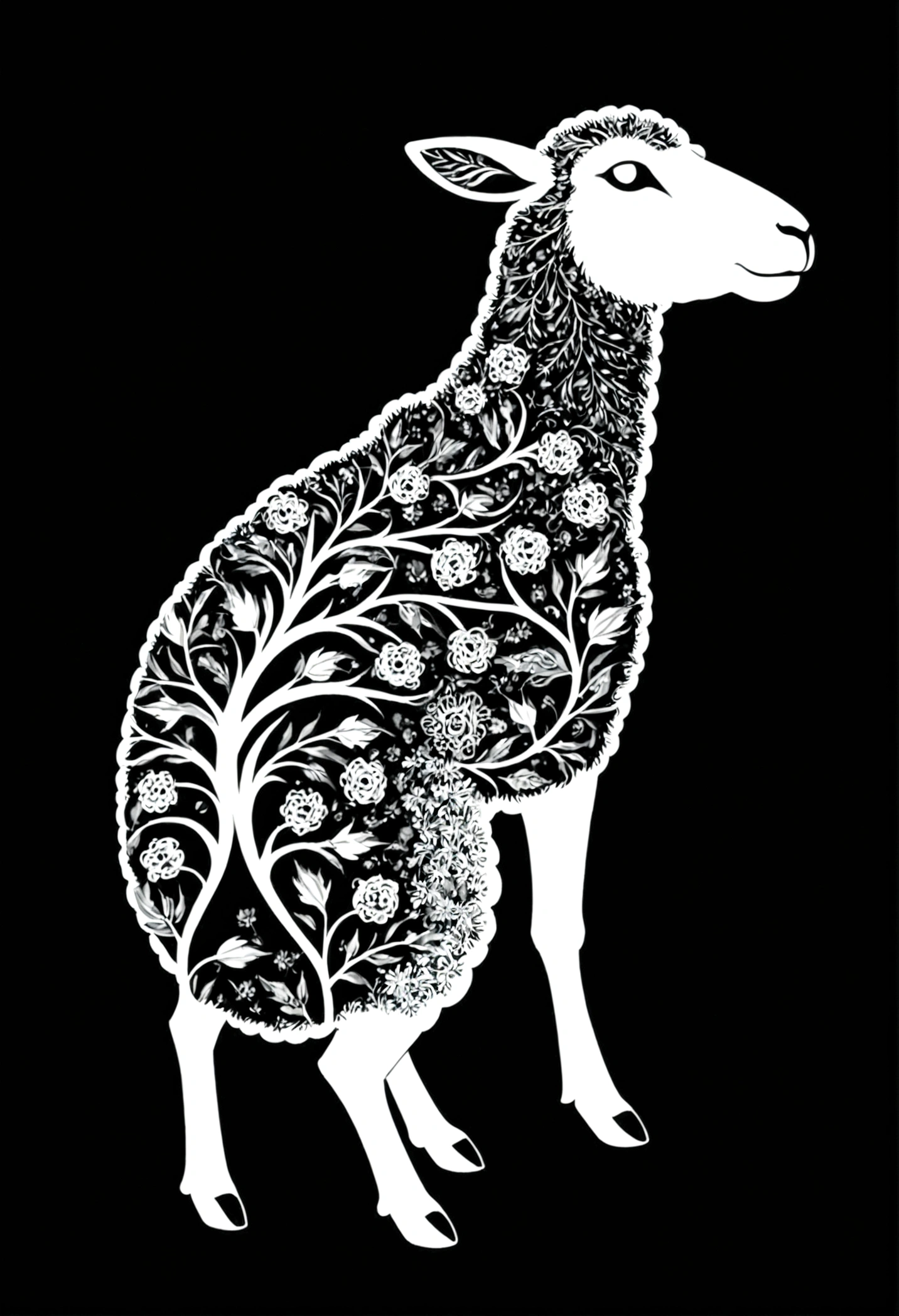 A sheep and a white silhouette design,Black Background,Beautiful silhouette,looking at the camera,Biologically correct