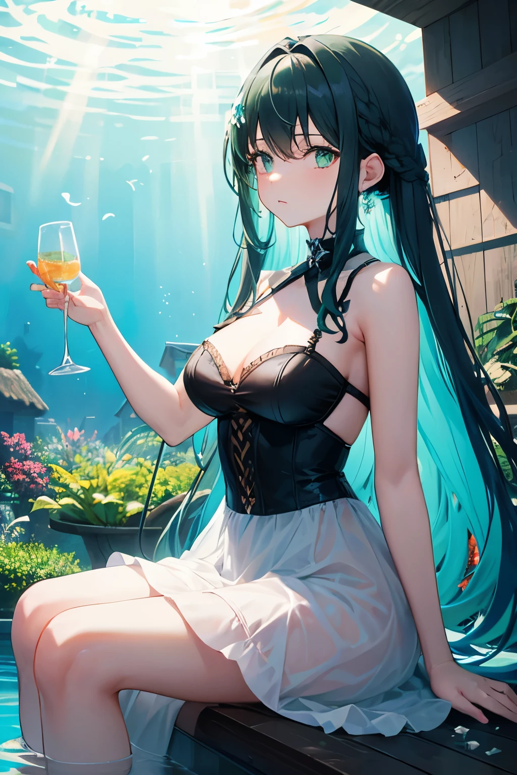 Alone anime girl , My hair is very long, tied on both sides. , blue-green , ตาblue-green , Stay in a luxury underwater house , The house has a glass roof so you can see the water above. , light falls , Dip your feet in the water. , There are corals. , There is seaweed. , Wear a black dress , sleeveless , beard
